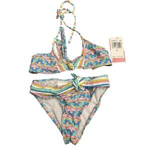Hobie Girls 2-Piece Swimsuit Set Sz 8 Neon Retro Geometric Floral Blue Pink NWT